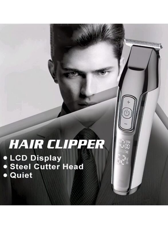 Kemei KM-5027 Rechargeable Electric Hair Clippers with Stainless Steel Blade & LED Display, Silver/White