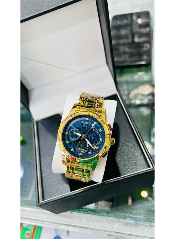 

Clasico An Amazing Analog Watch for Men with Stainless Steel Band, Gold-Blue