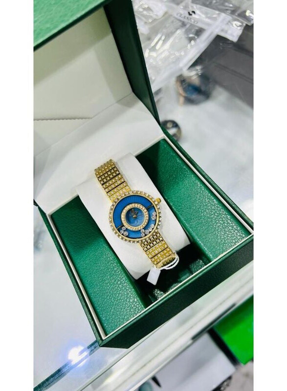 

Clasico Analog Wonderful Semi Stone Watch for Women with Metal Band, Gold-Blue