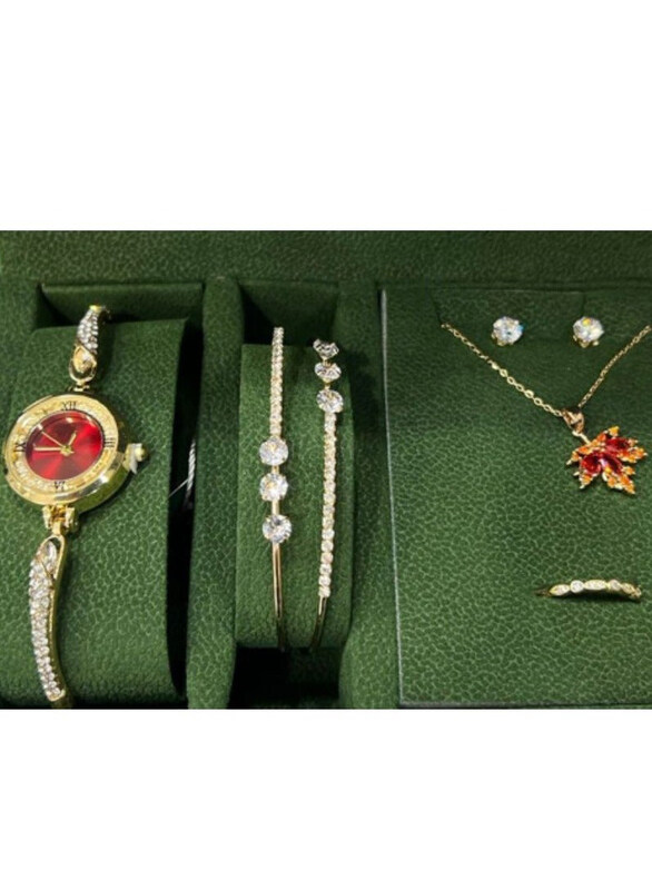 

Clasico Gorgeous Analog Watch with Necklace Set for Women, Gold-Red