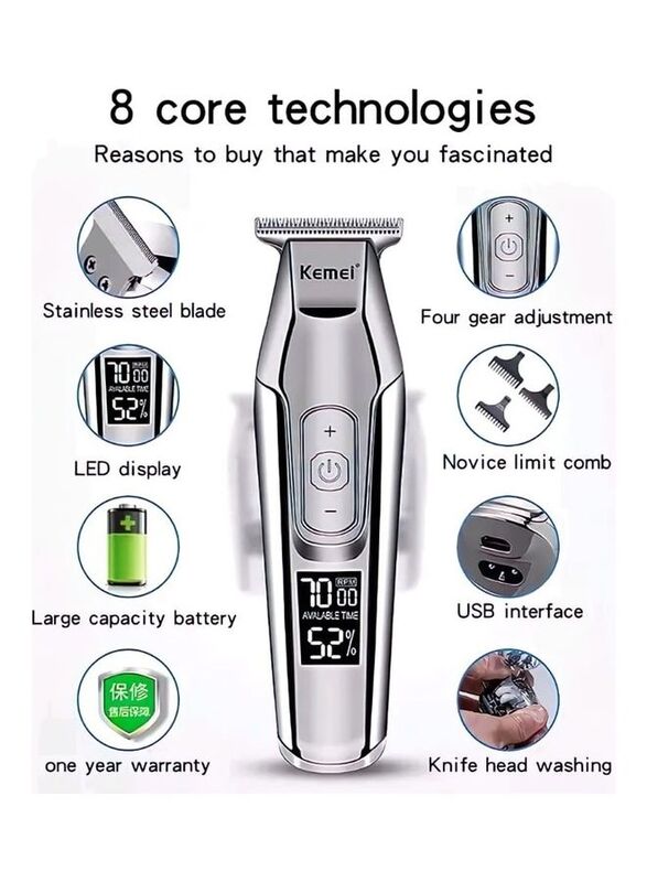 Kemei KM-5027 Rechargeable Electric Hair Clippers with Stainless Steel Blade & LED Display, Silver/White