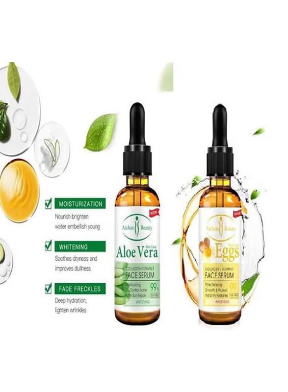 Aichun Beauty Aloe Vera 99% Face Serum+Eggs 99% Collagen-Vitamin E Serum, 30ml