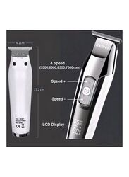 Kemei KM-5027 Rechargeable Electric Hair Clippers with Stainless Steel Blade & LED Display, Silver/White