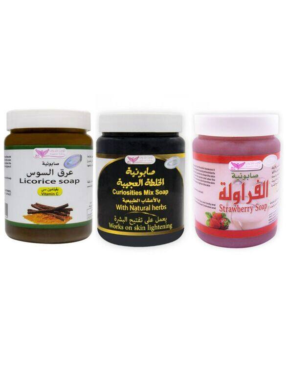 

Kuwait Shop Licorice Soap + Curiosities Mix Soap with Natural Herbs + Strawberry Soap, 3 Pieces x 500ml