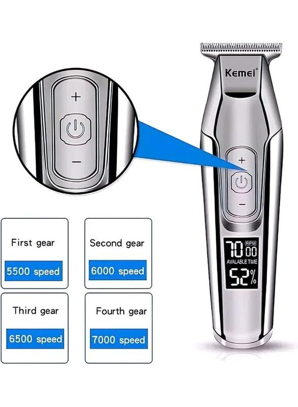 Kemei KM-5027 Rechargeable Electric Hair Clippers with Stainless Steel Blade & LED Display, Silver/White