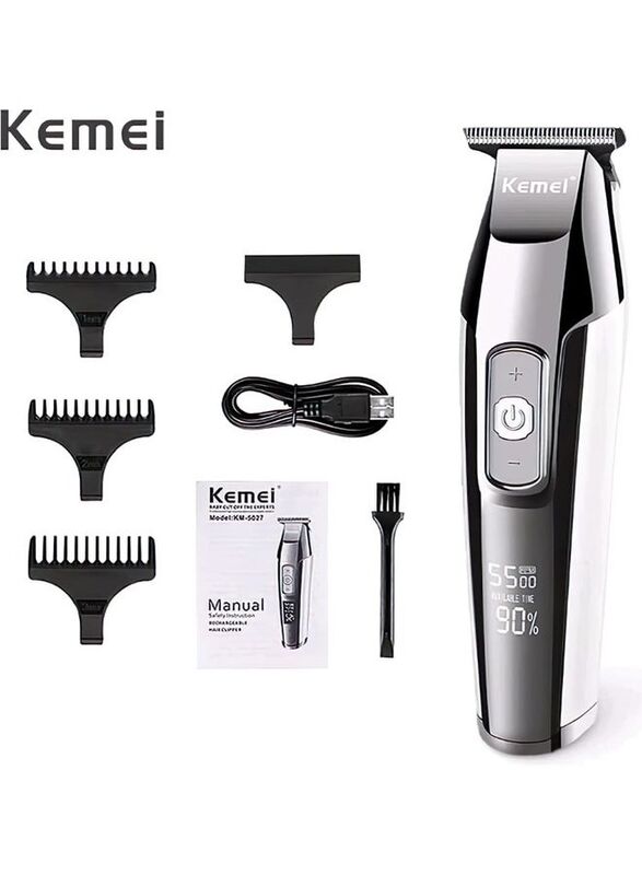 Kemei KM-5027 Rechargeable Electric Hair Clippers with Stainless Steel Blade & LED Display, Silver/White