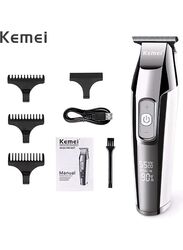 Kemei KM-5027 Rechargeable Electric Hair Clippers with Stainless Steel Blade & LED Display, Silver/White