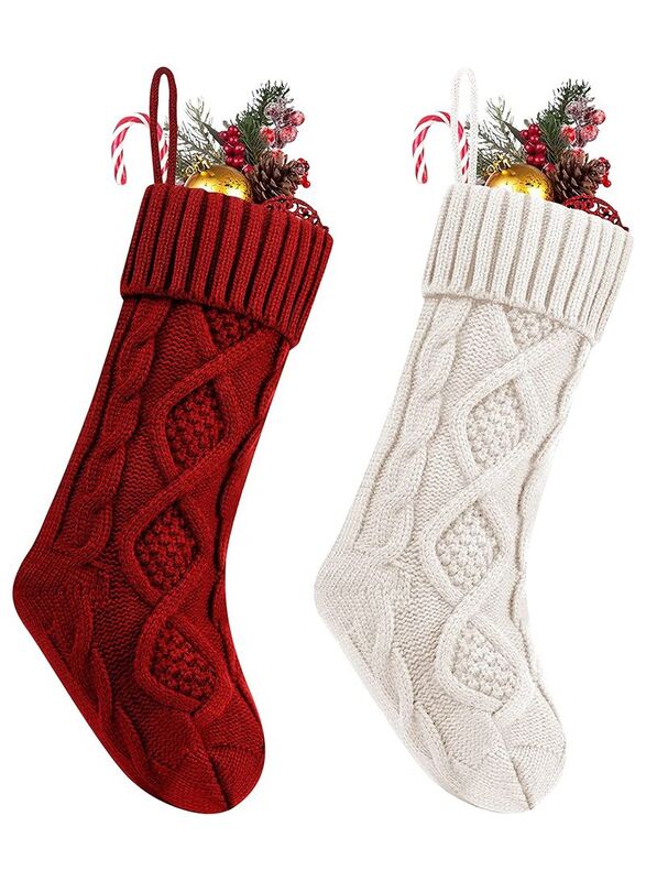 Christmas Stockings Cable Knitted Stocking Gifts & Decorations, Large, 2 Pieces, Burgundy/White