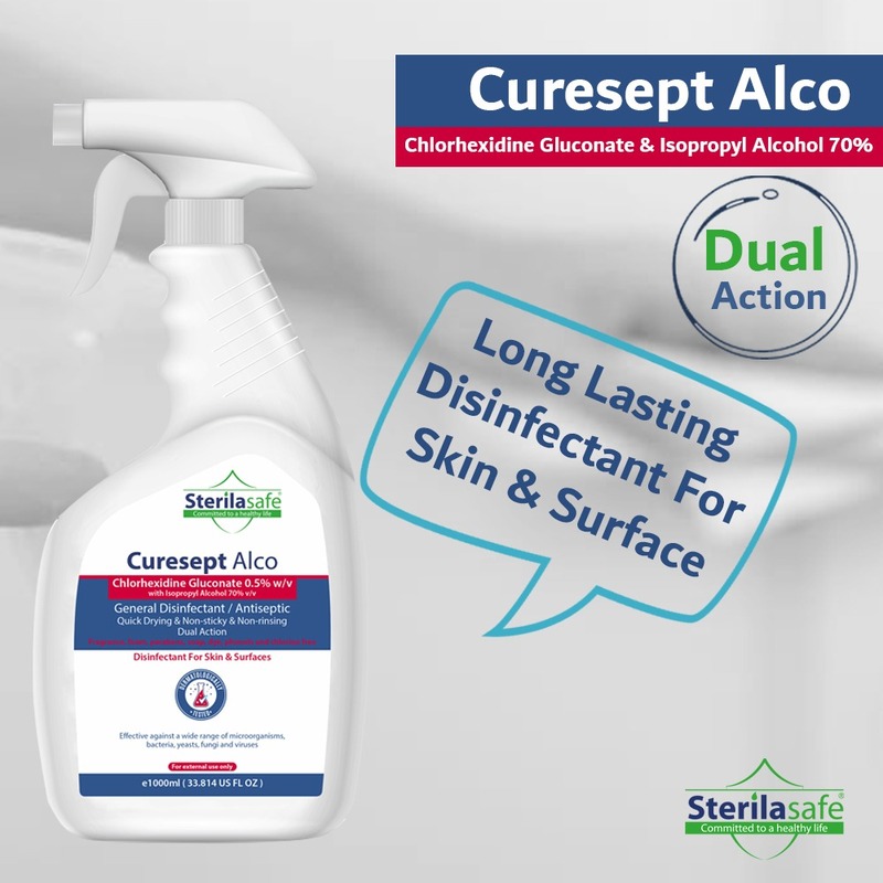 Sterilasafe CureSept Alco General Antiseptic & Disinfectant, For Skin & Surfaces,Chlorhexidine Gluconate 0.5% With Alcohol 70%,1000ml