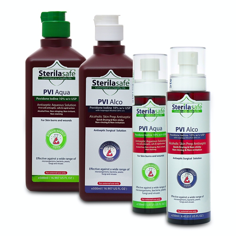Sterilasafe PVI Aqua Antiseptic Aqueous Solution,Povidone Iodine 10% Prep Solution USP ,First Aid Antiseptic For Skin burns and wounds, without Alcohol,500 ML