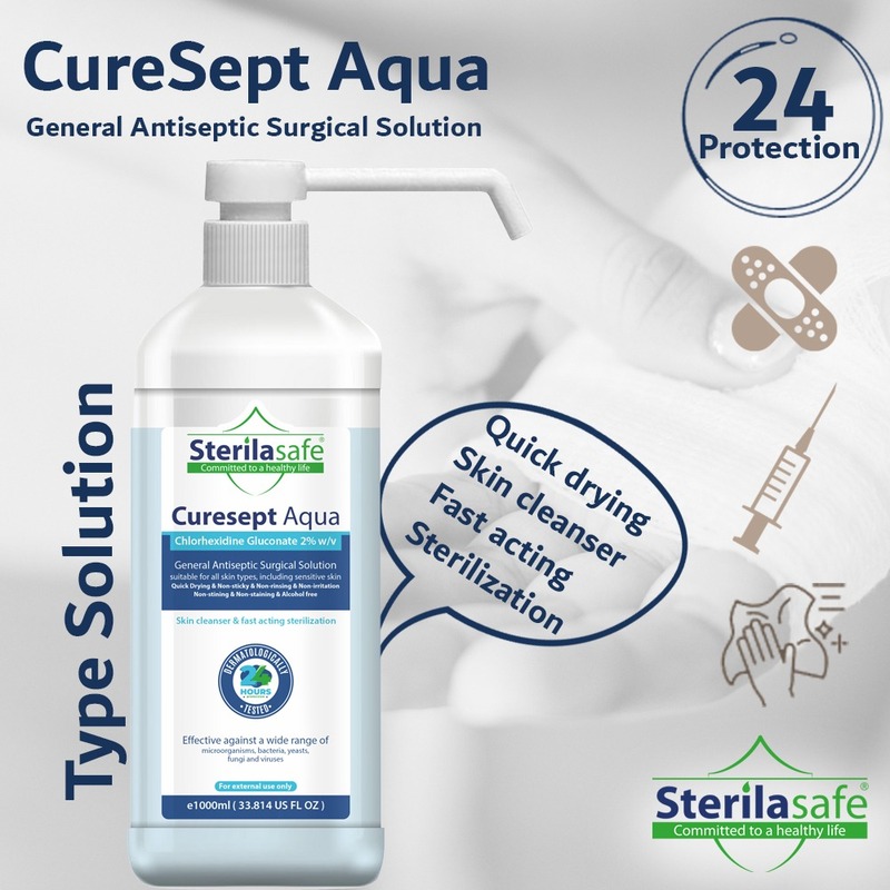 Sterilasafe CureSept Aqua General Antiseptic, Antimicrobial Skin Cleanser, Surgical Solution, Chlorhexidine Gluconate 2%,Alcohol free,1000ml
