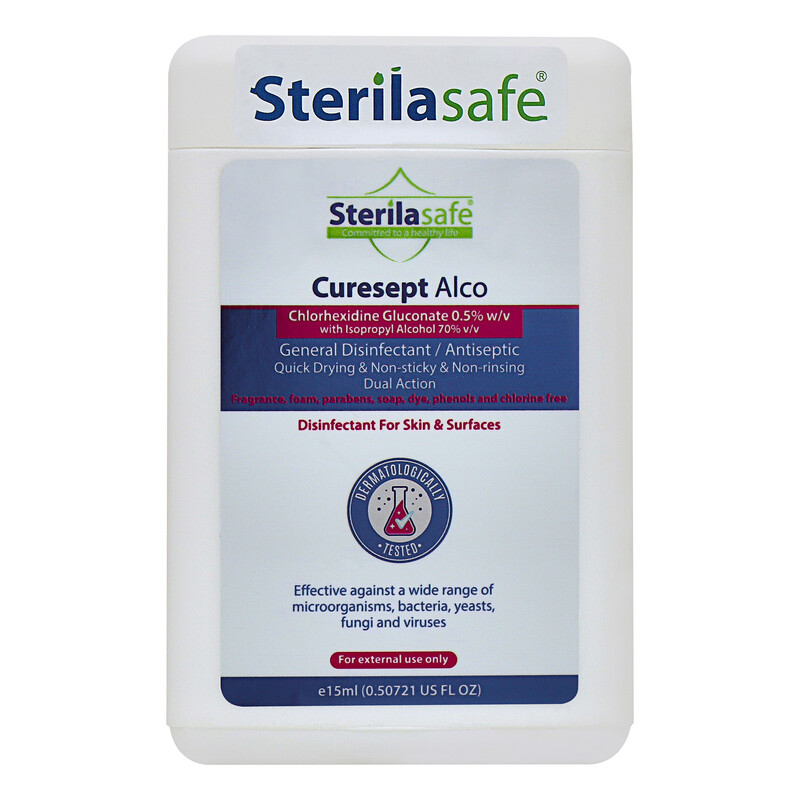 Sterilasafe CureSept Alco General Antiseptic & Disinfectant, For Skin & Surfaces,Chlorhexidine Gluconate 0.5% With Alcohol 70%, Pocket Hand Spray,15ml