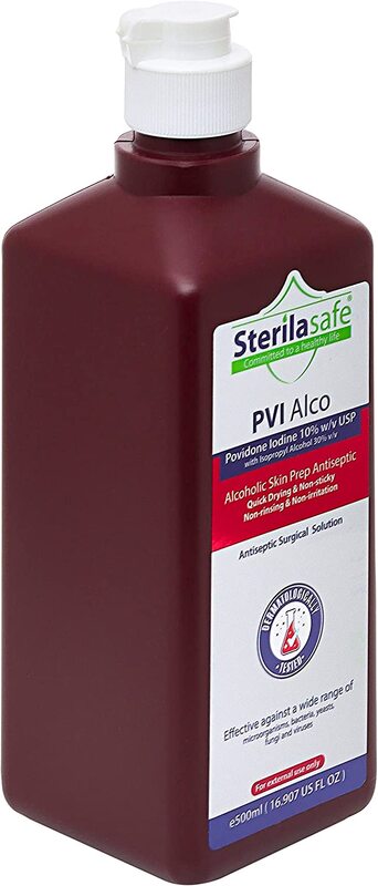 Sterilasafe PVI Alco Povidone Iodine 10% USP with Isopropyl Alcohol 30%, Antiseptic Surgical Solution, 500 ml