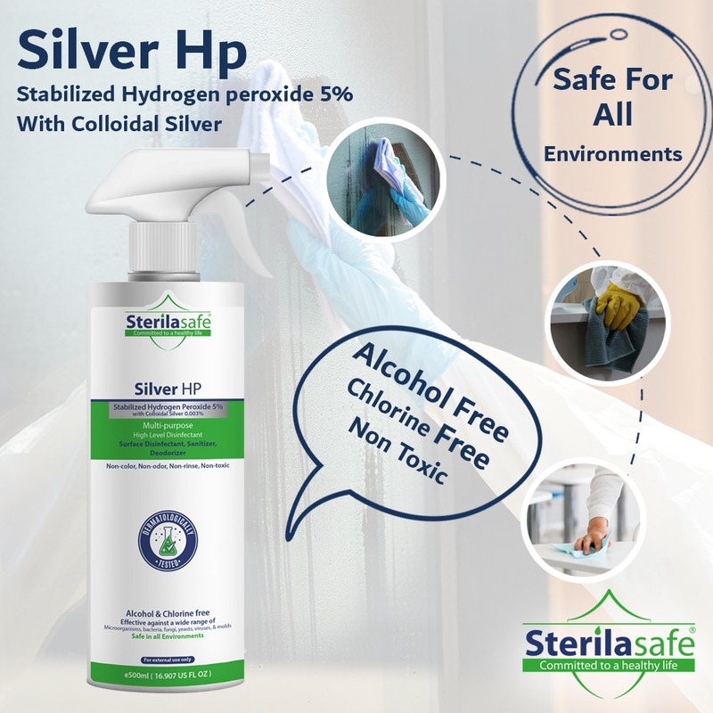 Sterilasafe Silver Hp,Oxygen, H2O2, Hydrogen Peroxide 5% with Colloidal Silver, Multi-purpose,High-Level Surface Disinfectant,500 ML