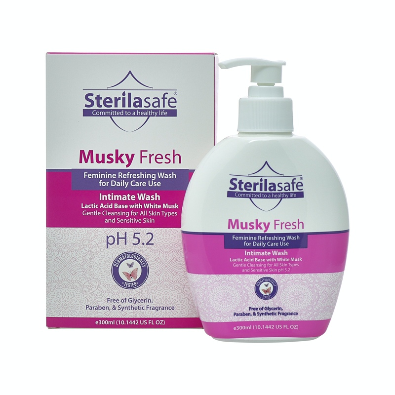 Sterilasafe Musky Fresh, Feminine Wash, Intimate Wash, pH Balanced, protection and refreshment for the female, white musk, 300 ml