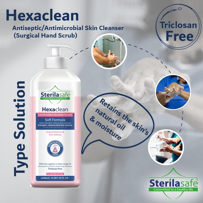 Sterilasafe HexaClean,Antiseptic ,Antibacterial Skin Cleanser,Surgical Hand Scrub,Soft Formula,chlorhexidine gluconate 4% with isopropyl Alcohol 4% ,Liquid Soap,500 Ml