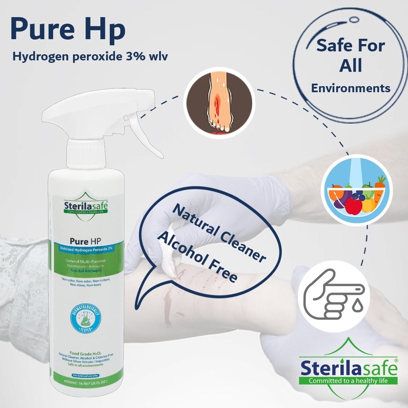 Sterilasafe Pure HP Food Grade, Hydrogen Peroxide 3%,H2O2, Natural Cleaner, NO chemical, First Aid Antiseptic Spray, 500 ML