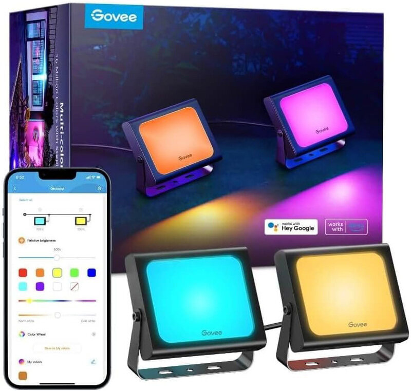 

Govee 2200-6500K Dimmable RGBIC Outdoor Flood Light with Smart WiFi App Control, Work with Alexa, IP66, Warm White