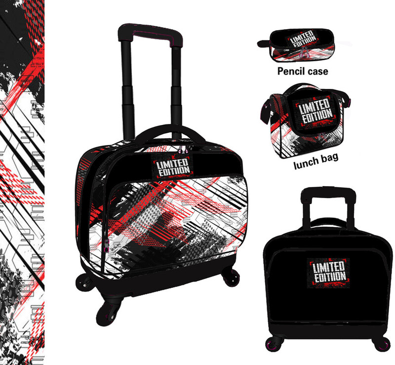 Oxford 4 wheel Limited Edition design color Red & Black Pilot case Trolley Backpack with 2 compartment, Lunch Bag, Pencil Case  & Water Bottle, 4PCS SET