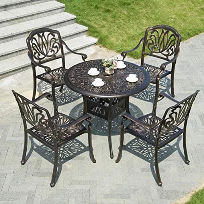 Yulan Outdoor Cast Aluminium Coffee Table Chairs Set with Cushion, 5 Pieces, Black