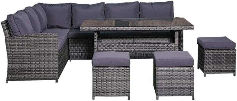 Ex Outdoor Garden Rattan 6 Seater Sofa Set with Glass Table, Grey