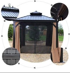 Ex Yulan Metal Frame Outdoor Garden Pavillion Gazebo with Double Curtain Aluminum Hardtop, 342, Black