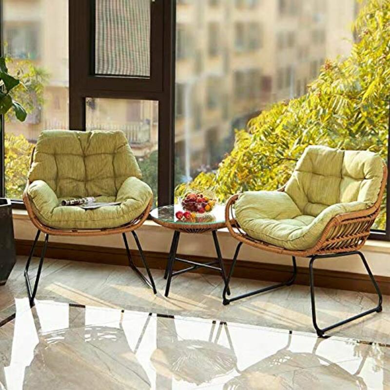 Ex Home Wicker Chair Leisure Balcony High-elastic Cushion Table and Chairs, 3 Piece Yellow