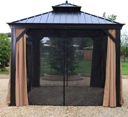 Ex Yulan Metal Frame Outdoor Garden Pavillion Gazebo with Double Curtain Aluminum Hardtop, 342, Black
