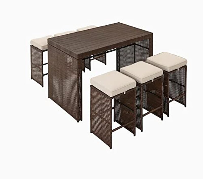 Yulan 7-Piece Brown Steel Frame Patio Height with Cushions Furniture, Brown