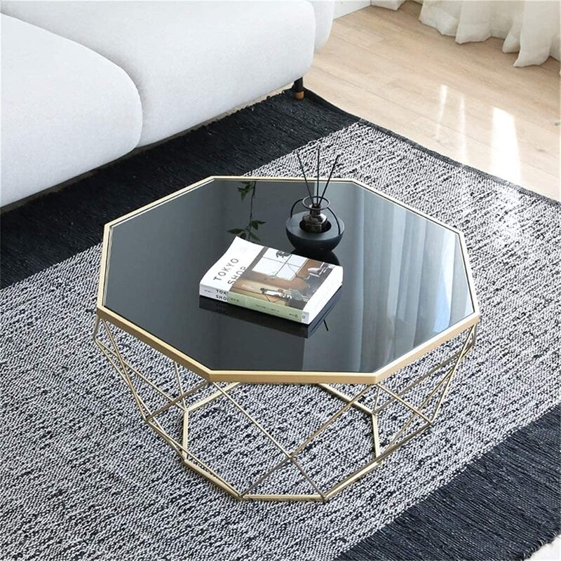 Yulan Octagonal Shape Coffee Table with Black Tempered Glass, Black/Gold