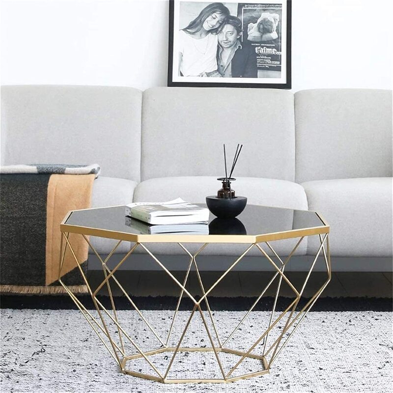 Yulan Octagonal Shape Coffee Table with Black Tempered Glass, Black/Gold