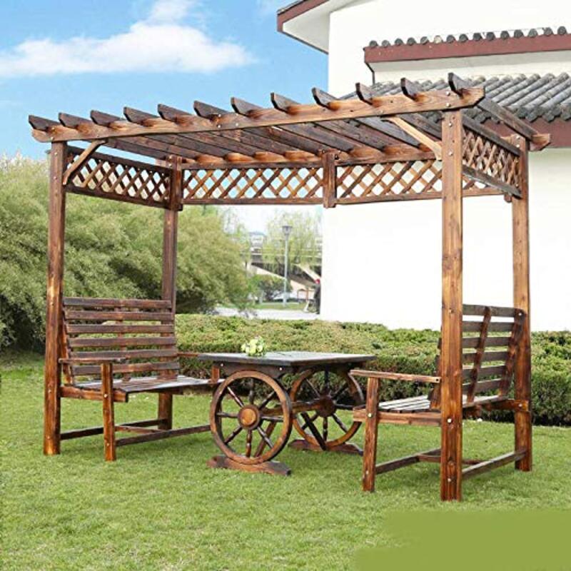 Ex Wooden Grape Rack Outdoor Courtyard Anticorrosive Pavilion with Creative Wheel Table for Lawn Garden, YL22-330, Brown