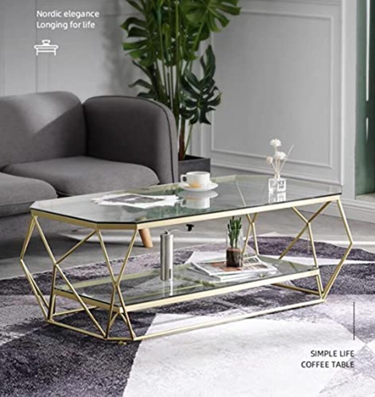 Yulan Modern Geometric Glass Rectangular Coffee Table, YL21407-397, Gold/Black