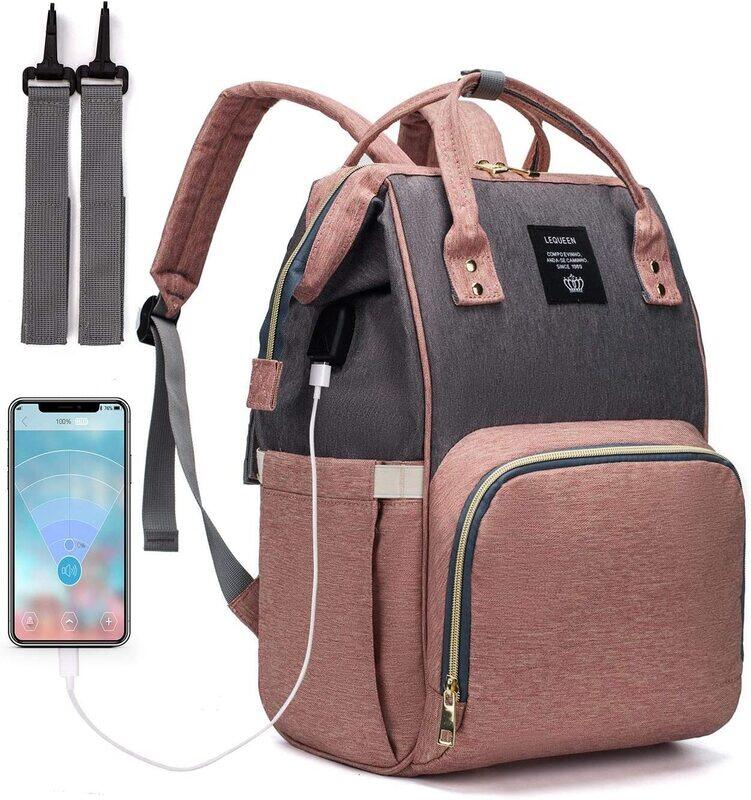 

Willy Lequeen Waterproof Multifunction Stylish Large Capacity Diaper Bag with USB Charging Port, Grey/Pink