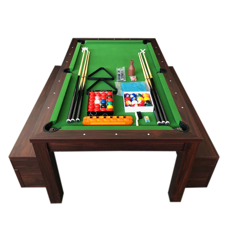 Simbashoppingmea - 7 FT Pool Table and Dining Table with Container Benches full accessories, Rich Green