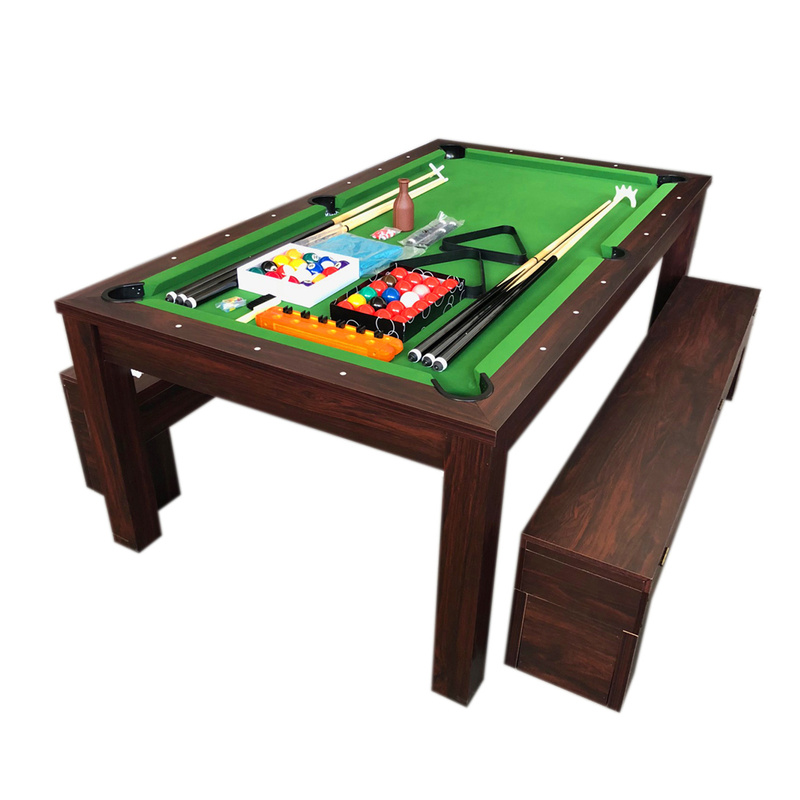 Simbashoppingmea - 7 FT Pool Table and Dining Table with Container Benches full accessories, Rich Green