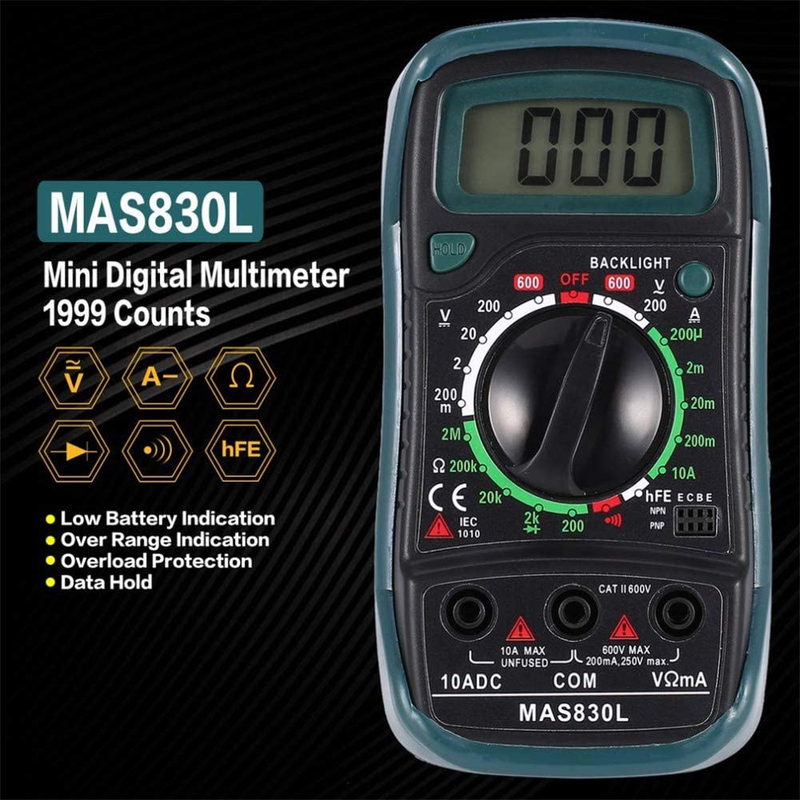 Gmtes MAS830L Mini Pocket Digital Multimeter 1999 Counts AC/DC Volt Amp Ohm Diode hFE Continuity Tester, Black