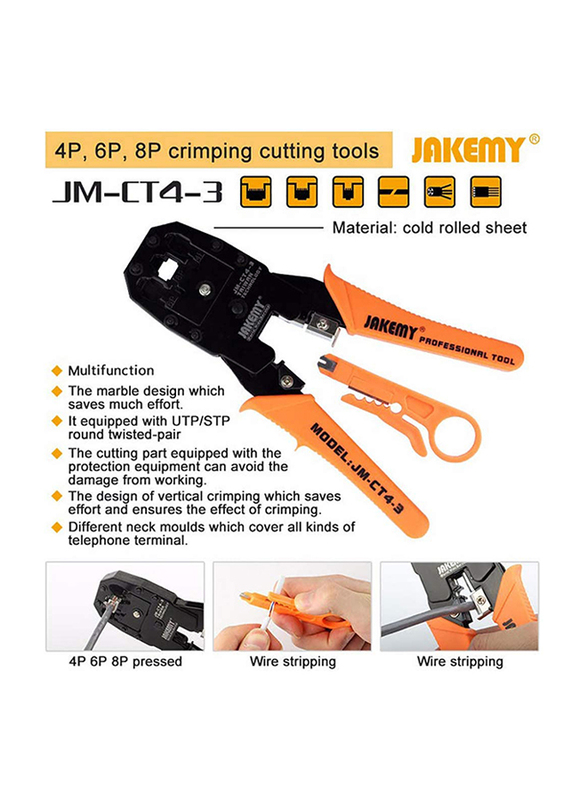Jakemy 200mm JM-CT4-3 Professional Network Phone 4P 6P 8P Ethernet Internet Cable Crimping Tool, Yellow