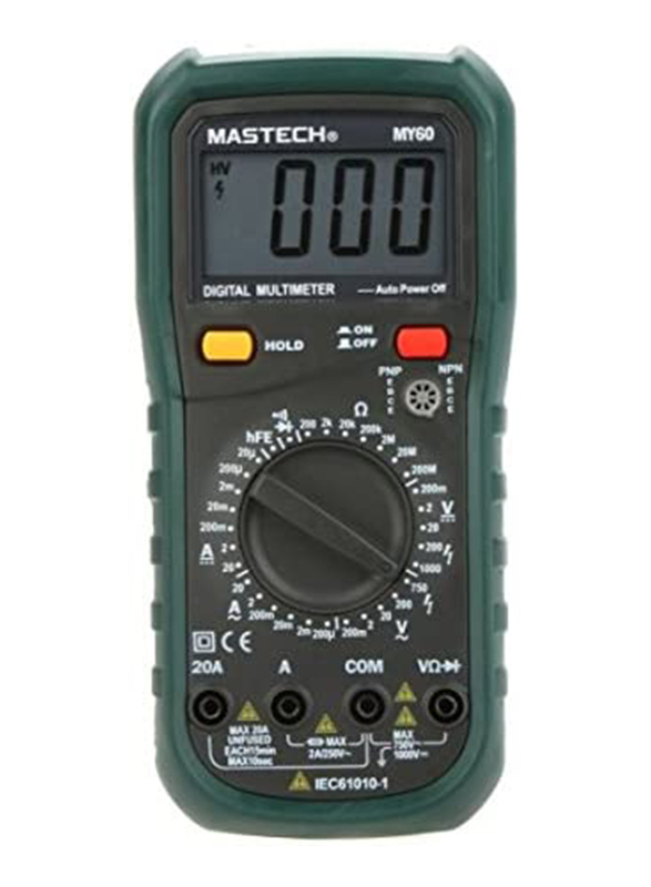Mastech MY60 Digital Multimeter DMM AC/DC Voltmeter Ammeter Ohmmeter W/hFE Tester, Green/Black