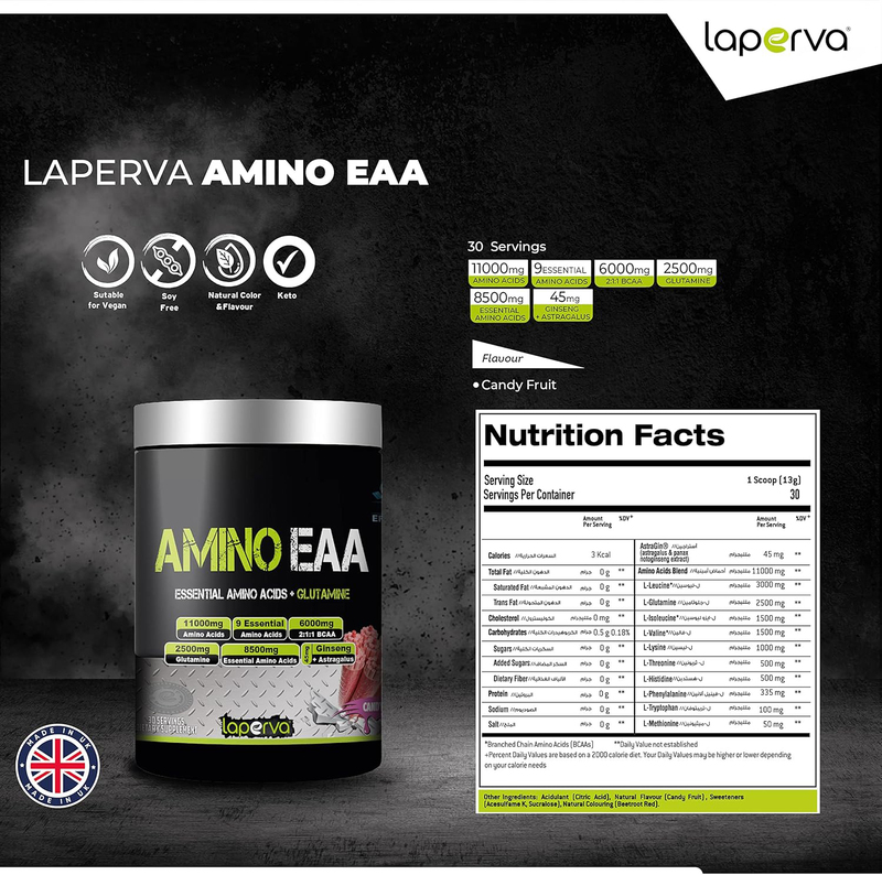 Laperva Eaa Supplement Glutamine Essential Amino Acids Powder Helps for Building Blocks, 390g, Candy Fruit Punch