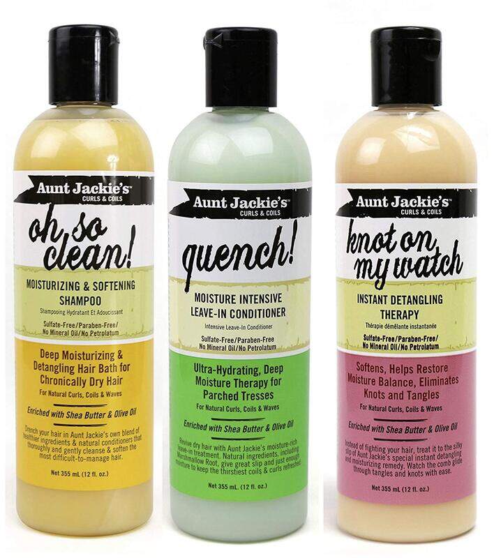 

Aunt Jackie's Sulfate Free Trio Combo Oh So Clean Shampoo, Knot on my Watch Detangler, Quench Leave-in Conditioner for All Hair Types, 3 x 355ml