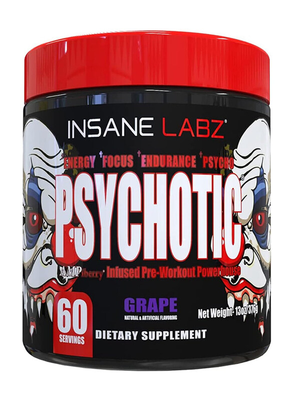 

Insane Labz Psychotic High Stimulant Infused Pre-Workout Powderhouse Dietary Supplement, 60 Servings, 376gm, Grape