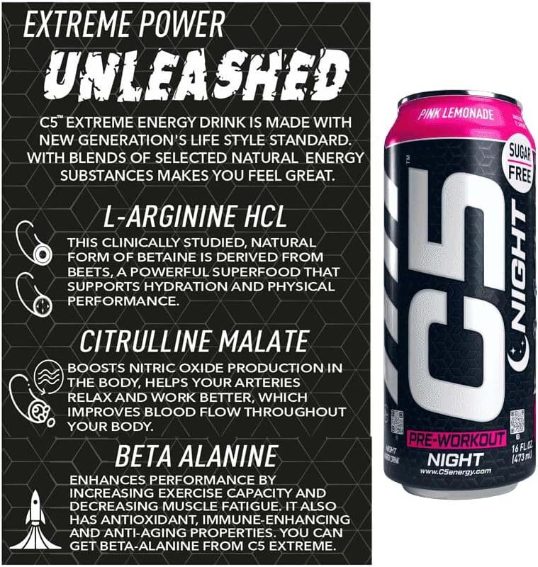 C5 Energy Extreme Pre-Workout Energy Drink, Sugar Free, 12 x 473ml, Pink Lemonade