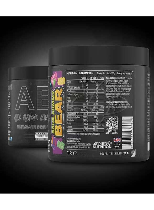 Applied Nutrition 30-Serving Abe All Black Everything Ultimate Pre Workout Energy Powder with Physical Performance, Citrulline, Creatine and Beta Alanine, 315g, Sour Gummy Bear