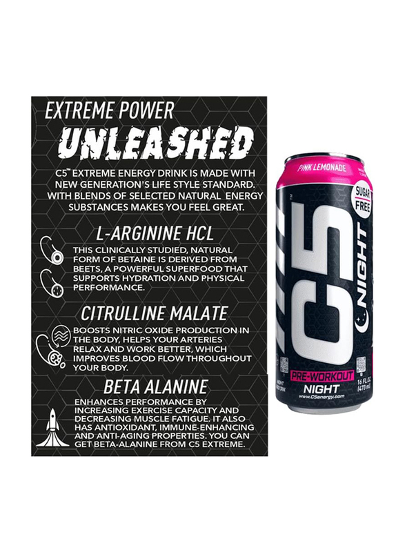 C5 Energy Drink Night Pre Workout, 12 x 473ml, Pink Lemonade