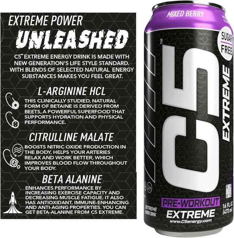 C5 Energy Extreme Pre-Workout Energy Drink, Sugar Free, 12 x 473ml, Mixed Berry