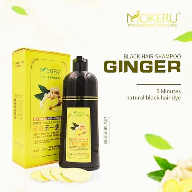 Mokeru Ginger Essence Hair Dye Shampoo, 500ml, Black