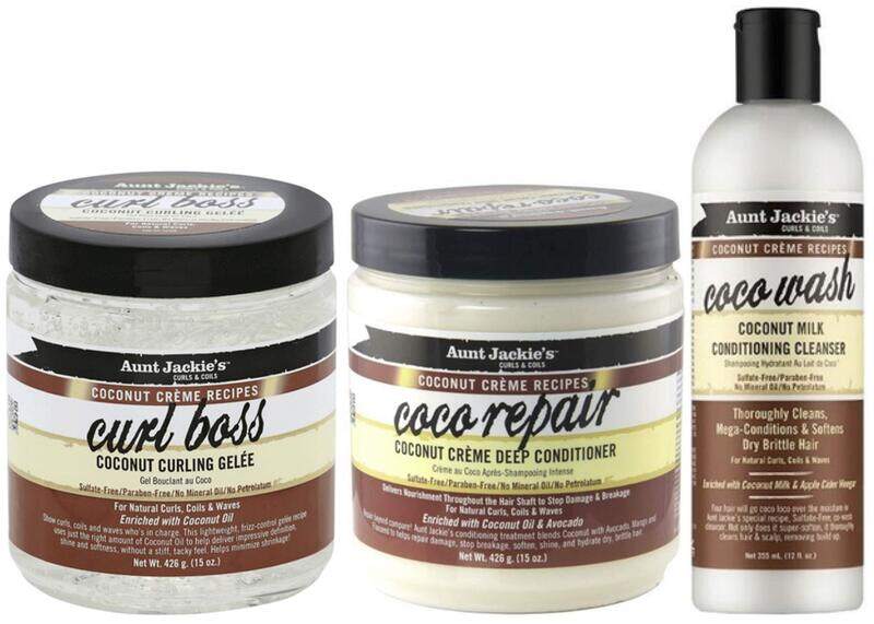 

Aunt Jackie's Hair Care Set, Coco Curl Boss 426g + Coco Repair Conditioner 426g + Coco Wash 355ml