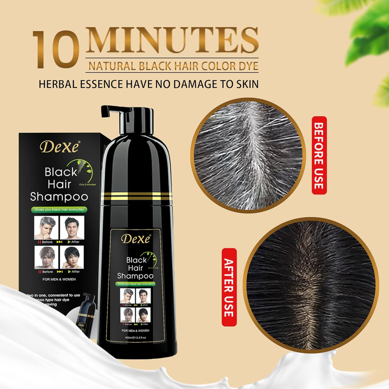 Dexe 3 in 1- 100% Grey Coverage Semi-Permanent Hair Colour Shampoo, 400ml, Black