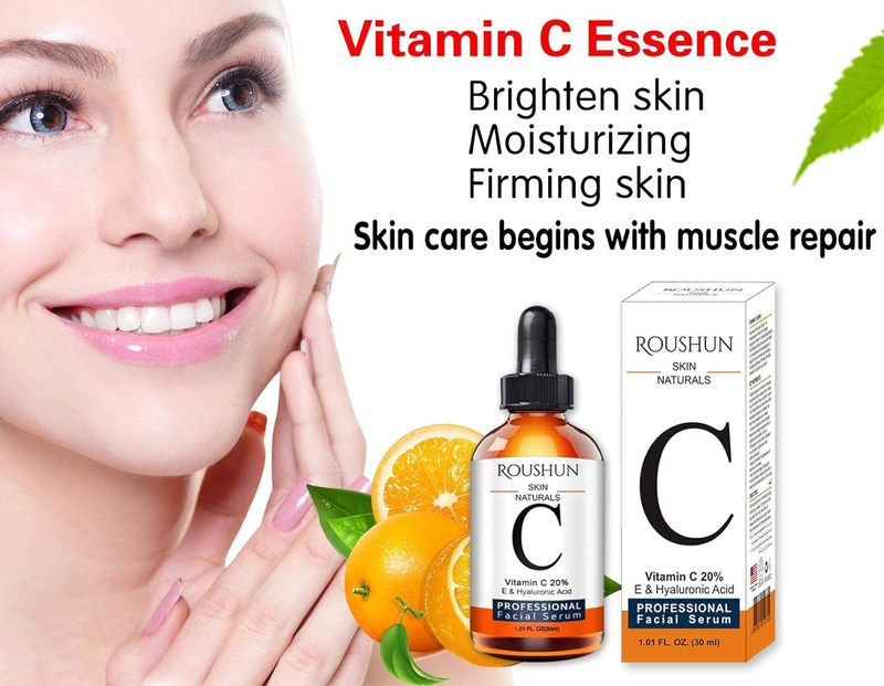 Roushun Skin Naturals Vitamin C 20 Percent E & Hyaluronic Acid Facial Serum, 30ml